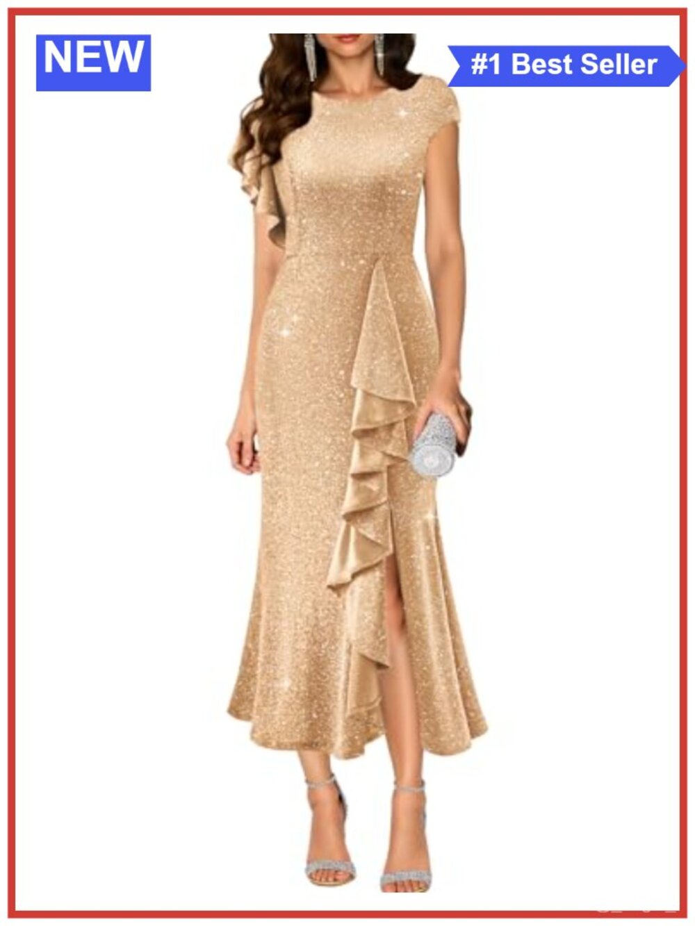 Formal Sequin Mermaid Maxi Dress Ruffle Sleeve Wedding Guest Party